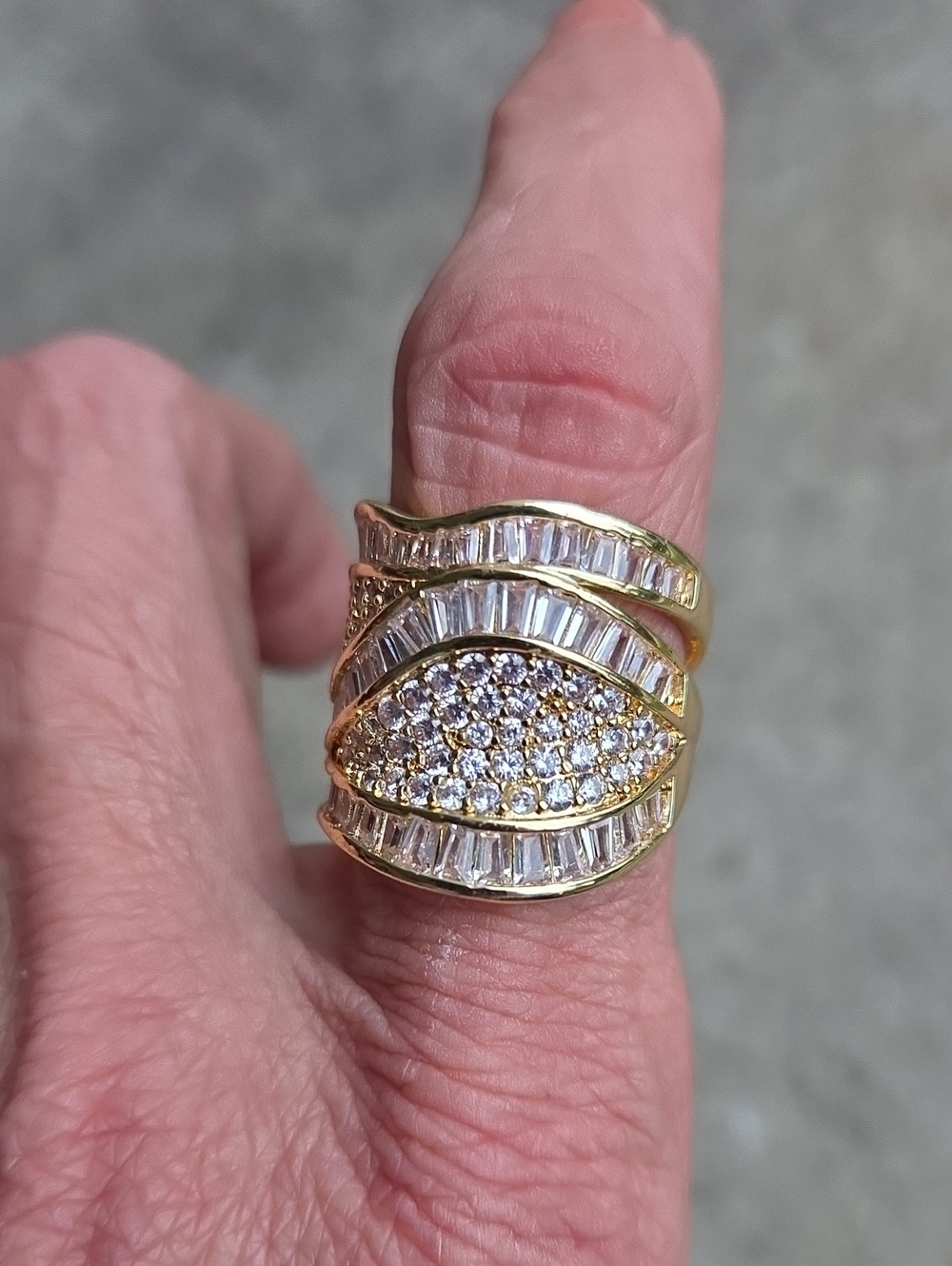 New,Gold Plated, Pavé and Baquette Cz.,Statement Ring - Elegant Women's Jewelry